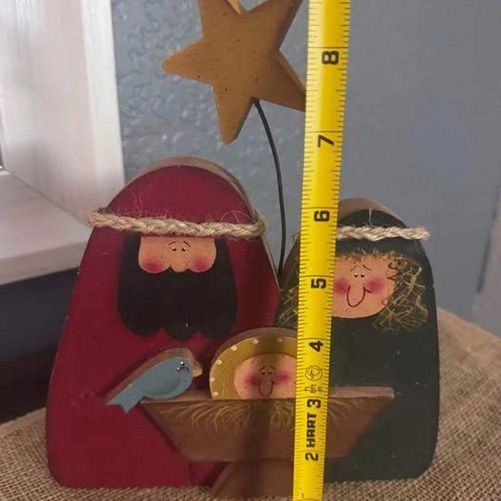 Vtg Nativity Scene Wooden Hand Painted Christmas Folk Art Shelf Sitter